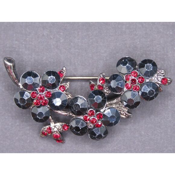 Floral Black Metal Brooch Pin With Red Rhinestone Flowers in Gift Box - Picture 1 of 4